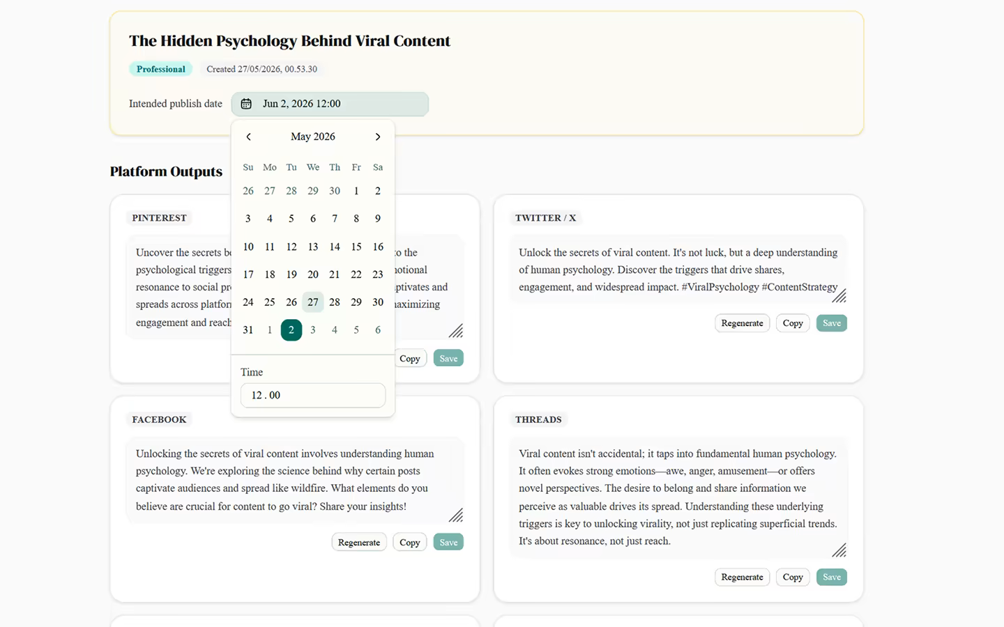 Product screenshot — output review
